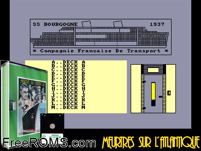 Meurtre Sur L'atlantique (F) (1985) Amstrad CPC game showing 3D box cover and gameplay screenshot