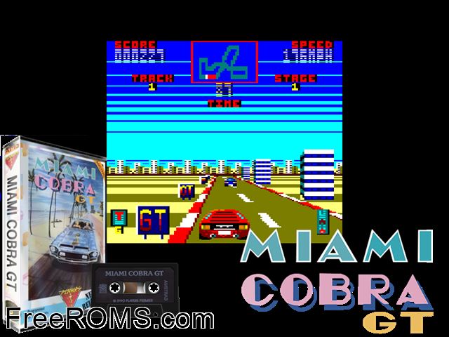 Miami Cobra GT (UK) (1991) Amstrad CPC game showing 3D box cover and gameplay screenshot