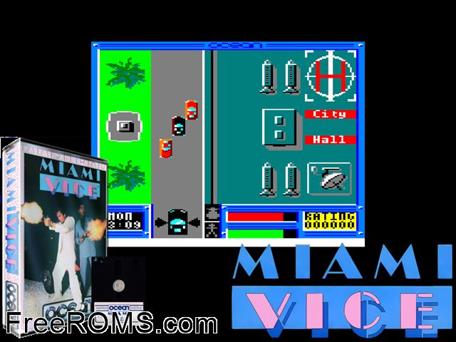 Miami Vice (UK) (1986) Amstrad CPC game showing 3D box cover and gameplay screenshot
