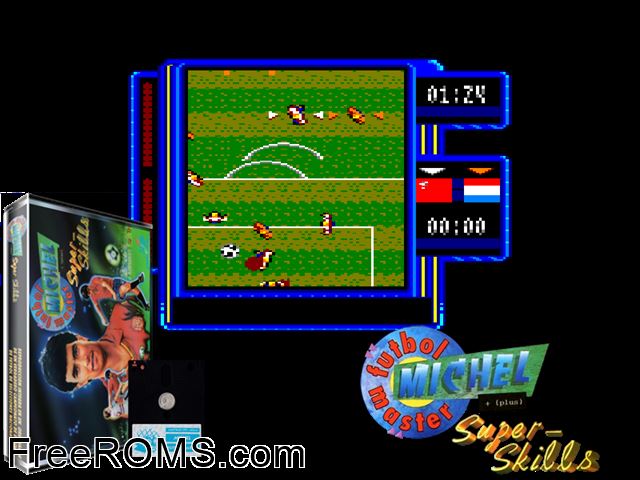 Michel Futbol Master Super Skills (S) (1989) Amstrad CPC game showing 3D box cover and gameplay screenshot