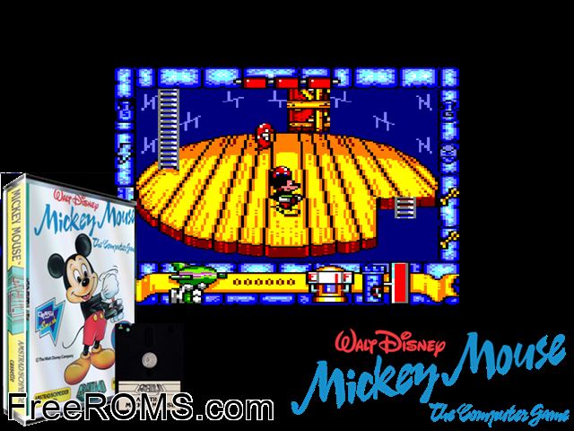 Mickey Mouse (UK) (1988) Amstrad CPC game showing 3D box cover and gameplay screenshot