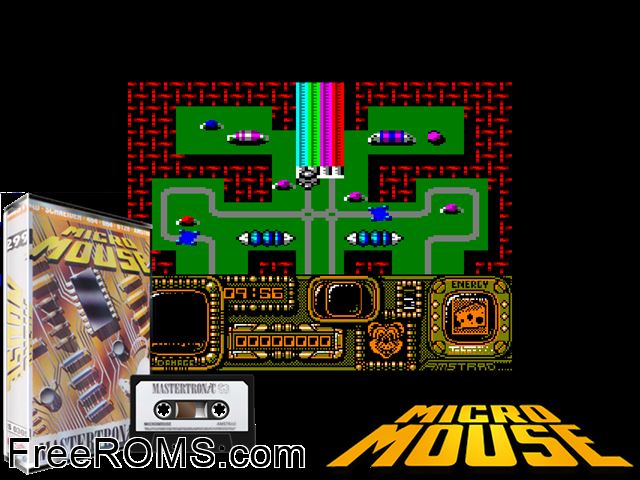 Micro Mouse Goes De-Bugging (UK) (1990) Amstrad CPC game showing 3D box cover and gameplay screenshot