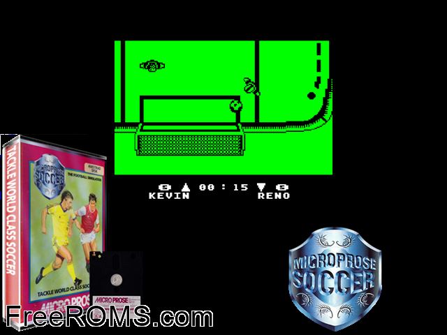 Microprose Soccer (UK) (1989) Amstrad CPC game showing 3D box cover and gameplay screenshot