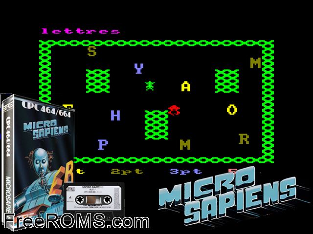 Micro Sapiens (F) (1985) Amstrad CPC game showing 3D box cover and gameplay screenshot