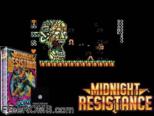 Midnight Resistance (UK) (1990) (Disk 1 of 2) Amstrad CPC game showing 3D box cover and gameplay screenshot