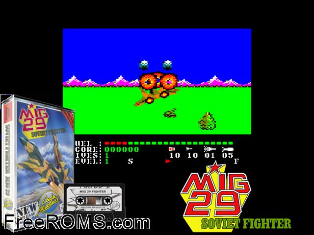 Mig 29 Soviet Fighter (UK) (1989) Amstrad CPC game showing 3D box cover and gameplay screenshot