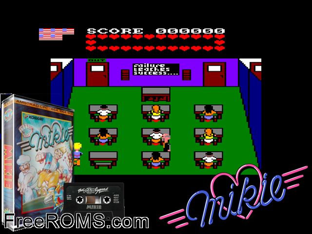 Mikie (UK) (1986) [a1] Amstrad CPC game showing 3D box cover and gameplay screenshot