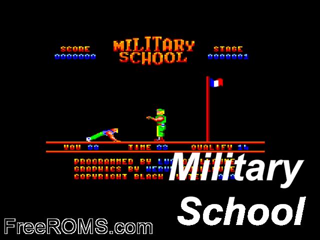 Military School (UK) (1989) Amstrad CPC game showing 3D box cover and gameplay screenshot