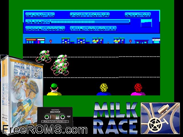 Milk Race 87 (UK) (1987) Amstrad CPC game showing 3D box cover and gameplay screenshot
