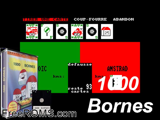 Mille Bornes FGB (F) (1985) Amstrad CPC game showing 3D box cover and gameplay screenshot