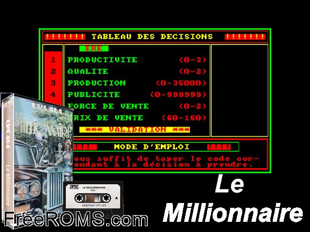 Millionnaire, Le (F) (1985) Amstrad CPC game showing 3D box cover and gameplay screenshot