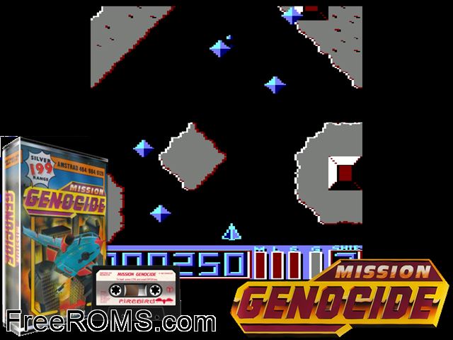 Mission Genocide (UK) (1987) Amstrad CPC game showing 3D box cover and gameplay screenshot
