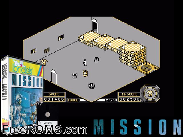 Mission Loriciel (F) (1987) Amstrad CPC game showing 3D box cover and gameplay screenshot