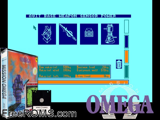 Mission Omega (UK) (1986) Amstrad CPC game showing 3D box cover and gameplay screenshot