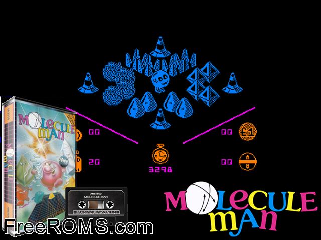 Molecule Man (UK) (1986) Amstrad CPC game showing 3D box cover and gameplay screenshot