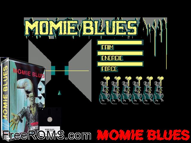 Momie Blues (F) (1986) Amstrad CPC game showing 3D box cover and gameplay screenshot