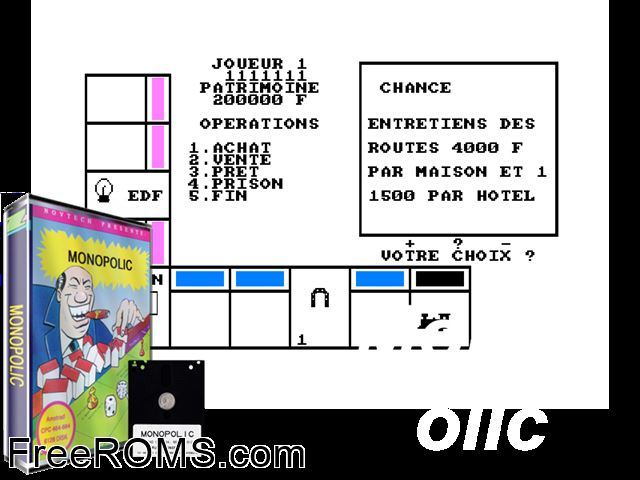 Monopolic (F) (1985) Amstrad CPC game showing 3D box cover and gameplay screenshot