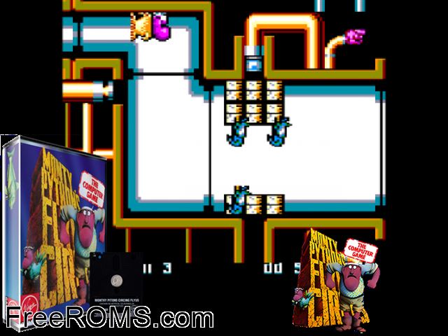 Monty Python's Flying Circus (UK) (1990) Amstrad CPC game showing 3D box cover and gameplay screenshot