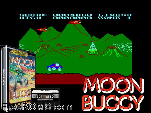 Moon Buggy (UK) (1985) Amstrad CPC game showing 3D box cover and gameplay screenshot