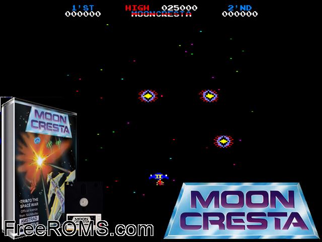 Moon Cresta (UK) (1986) Amstrad CPC game showing 3D box cover and gameplay screenshot