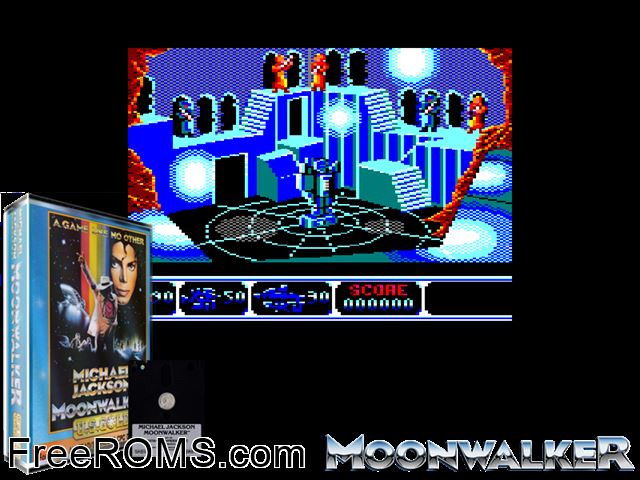 Moonwalker (UK) (1989) Amstrad CPC game showing 3D box cover and gameplay screenshot