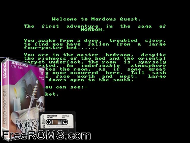Mordon's Quest (UK) (1985) Amstrad CPC game showing 3D box cover and gameplay screenshot