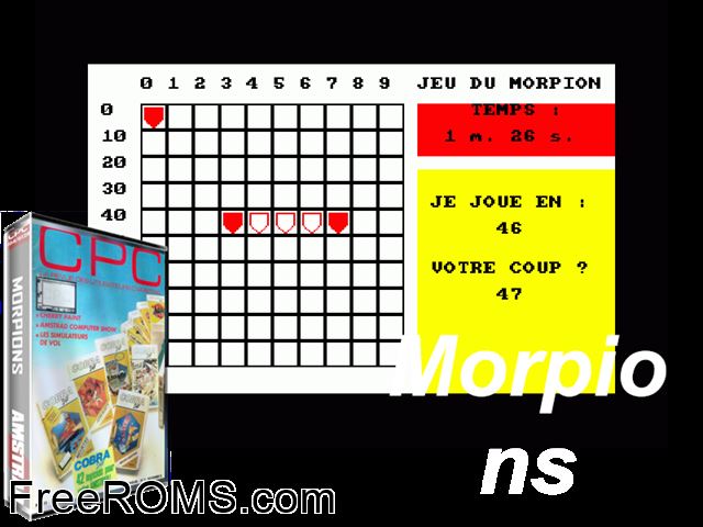 Morpions (F) (1985) Amstrad CPC game showing 3D box cover and gameplay screenshot