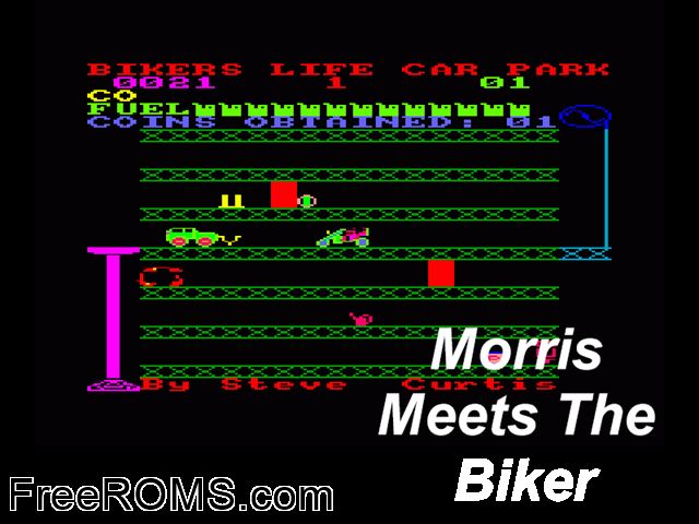 Morris Meets the Biker (UK) (1984) Amstrad CPC game showing 3D box cover and gameplay screenshot