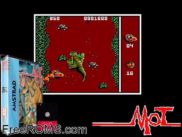 Mot (S) (1989) Amstrad CPC game showing 3D box cover and gameplay screenshot