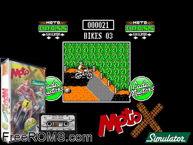 Moto Cross Simulator (UK) (19xx) Amstrad CPC game showing 3D box cover and gameplay screenshot