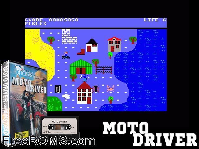 Moto Driver (F) (1986) Amstrad CPC game showing 3D box cover and gameplay screenshot