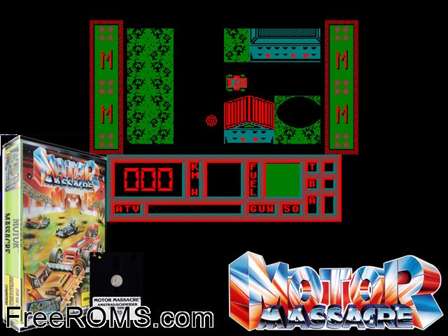 Motor Massacre (UK) (1988) Amstrad CPC game showing 3D box cover and gameplay screenshot