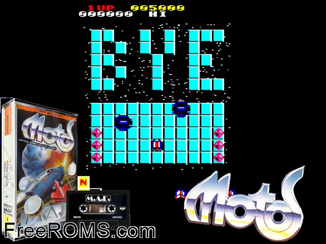 Motos (UK) (1987) Amstrad CPC game showing 3D box cover and gameplay screenshot