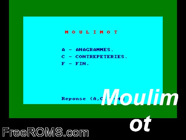 Moulimot (F) (1985) Amstrad CPC game showing 3D box cover and gameplay screenshot