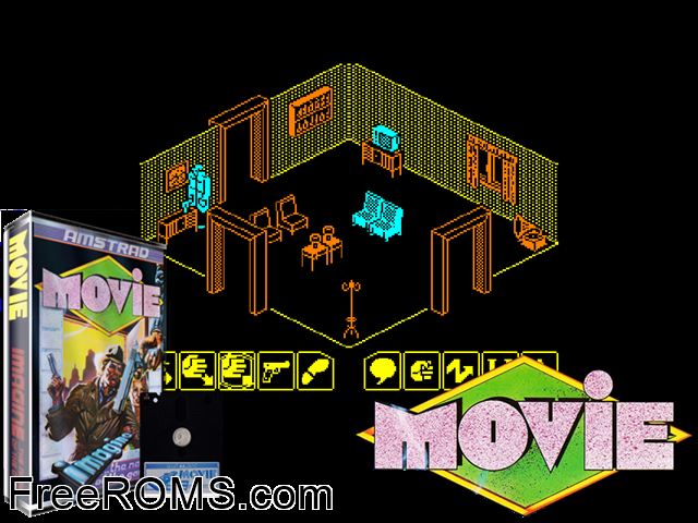 Movie (UK) (1986) Amstrad CPC game showing 3D box cover and gameplay screenshot