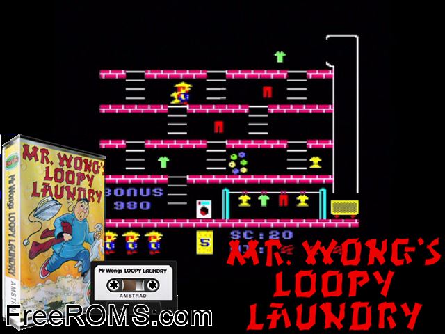 Mr. Wong Loopy Laundry (uk) (1984) Amstrad CPC game showing 3D box cover and gameplay screenshot