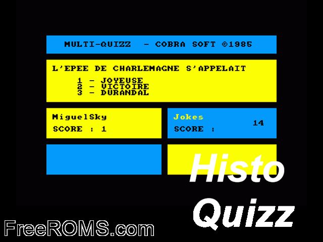 Multi-Quizz (F) (1985) Amstrad CPC game showing 3D box cover and gameplay screenshot