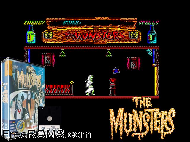 Munsters, The (UK) (1989) Amstrad CPC game showing 3D box cover and gameplay screenshot