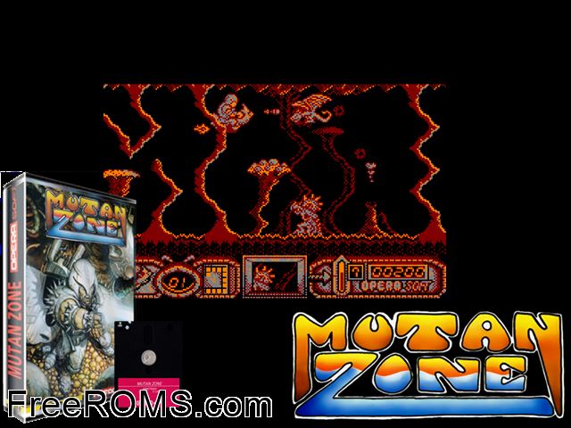 Mutan Zone (S) (1988) Amstrad CPC game showing 3D box cover and gameplay screenshot