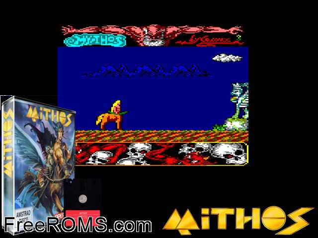 Mythos (UK) (1990) Amstrad CPC game showing 3D box cover and gameplay screenshot
