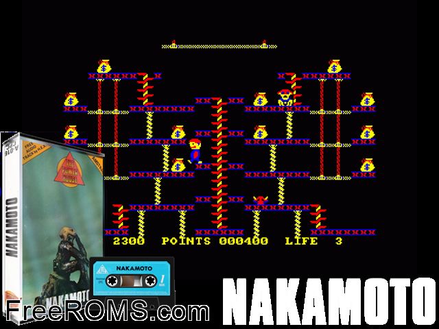 Nakamoto (UK) (19xx) Amstrad CPC game showing 3D box cover and gameplay screenshot