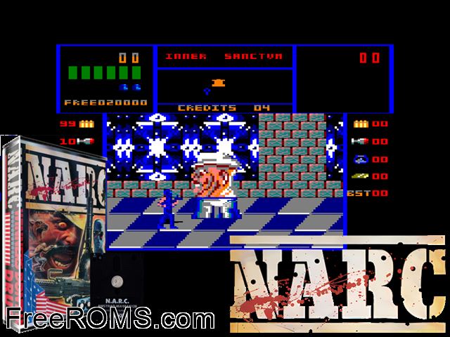 Narc (UK) (1990) Amstrad CPC game showing 3D box cover and gameplay screenshot