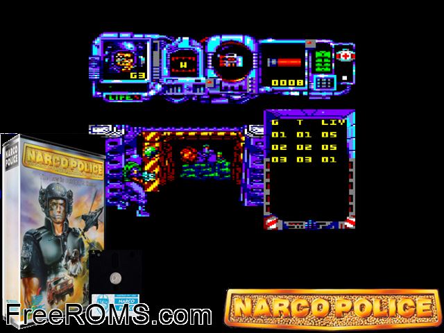 Narco Police (UK) (1990) Amstrad CPC game showing 3D box cover and gameplay screenshot