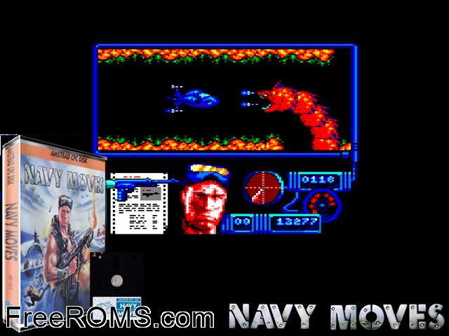 Navy Moves (S) (1988) Amstrad CPC game showing 3D box cover and gameplay screenshot