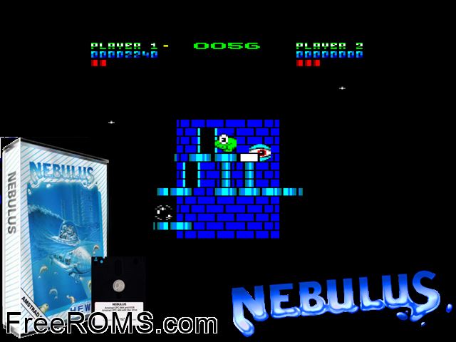 Nebulus (UK) (1988) Amstrad CPC game showing 3D box cover and gameplay screenshot