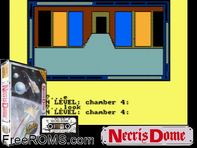 Necris-Dome, The (UK) (1986) Amstrad CPC game showing 3D box cover and gameplay screenshot