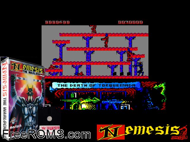 Nemesis the Warlock (UK) (1987) Amstrad CPC game showing 3D box cover and gameplay screenshot