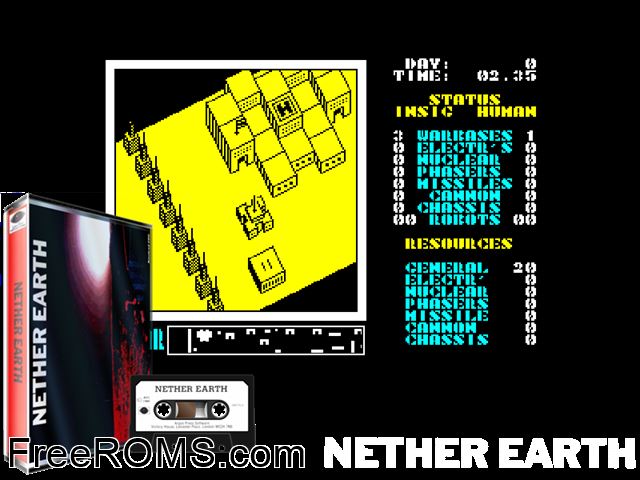 Nether Earth (UK) (1987) Amstrad CPC game showing 3D box cover and gameplay screenshot
