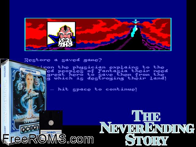 Never Ending Story (UK) (1985) Amstrad CPC game showing 3D box cover and gameplay screenshot