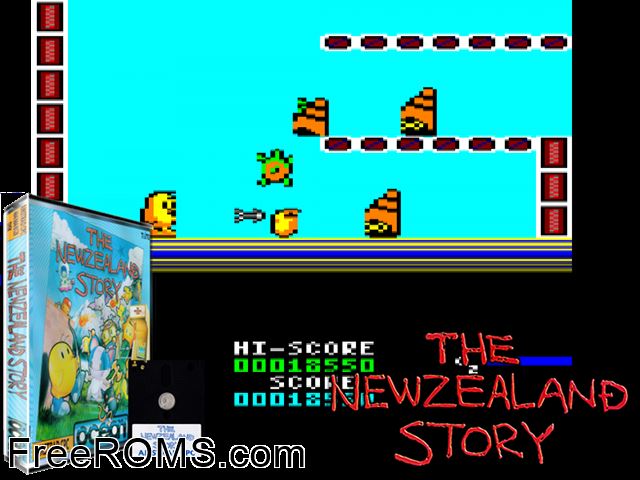 New Zealand Story, The (UK) (1989) Amstrad CPC game showing 3D box cover and gameplay screenshot